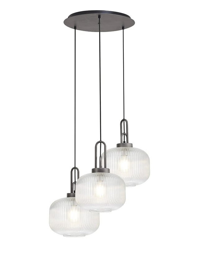 Allardyce 2m Round Pendant, 3 x E27, Pewter/Matt Black With 30cm Pumpkin Shaped Ribbed Clear Glass