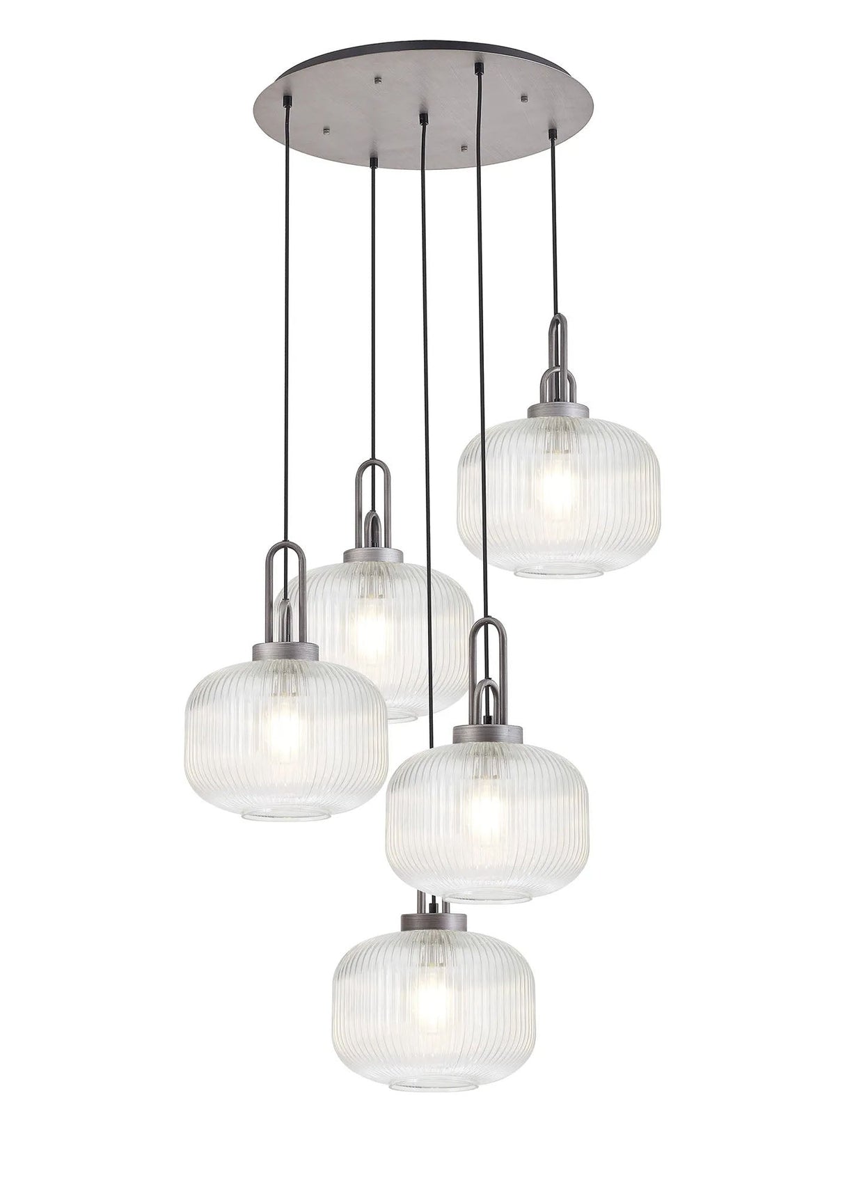 Allardyce 2.5m Round Pendant, 5 x E27, Pewter/Matt Black With 30cm Pumpkin Shaped Ribbed Clear Glass