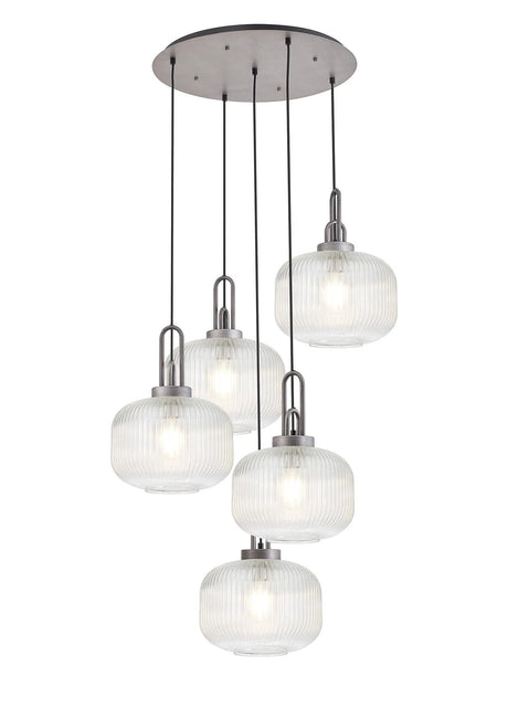 Allardyce 2.5m Round Pendant, 5 x E27, Pewter/Matt Black With 30cm Pumpkin Shaped Ribbed Clear Glass