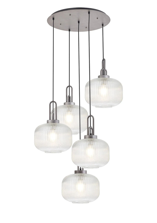 Allardyce 2.5m Round Pendant, 5 x E27, Pewter/Matt Black With 30cm Pumpkin Shaped Ribbed Clear Glass