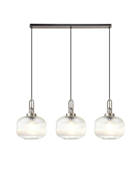 Allardyce Linear 3 Light Pendant E27, Antique Silver/Matt Black With 30cm Pumpkin Shaped Ribbed Clear Glass