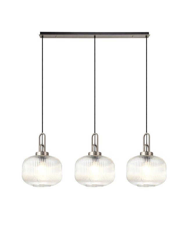 Allardyce Linear 3 Light Pendant E27, Antique Silver/Matt Black With 30cm Pumpkin Shaped Ribbed Clear Glass