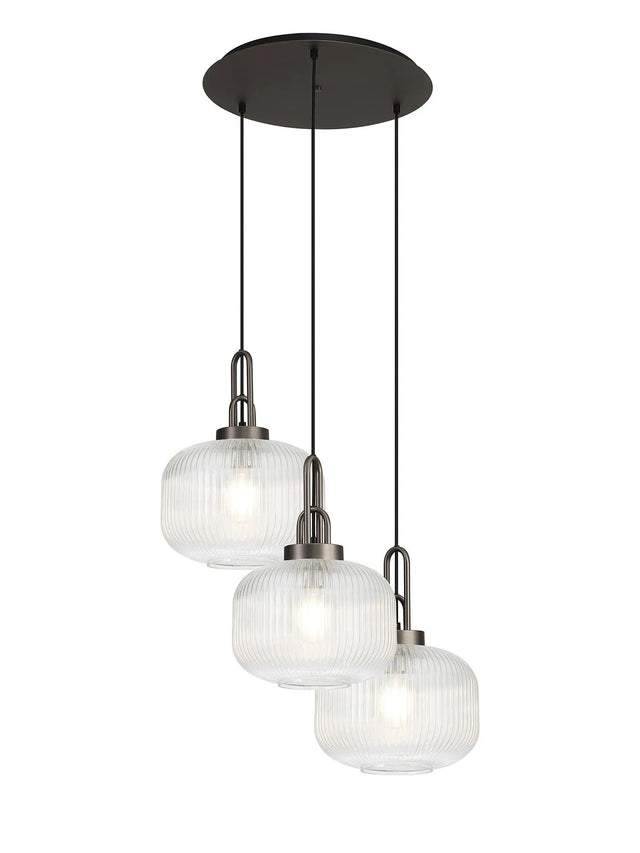 Allardyce 2m Round Pendant, 3 x E27, Antique Silver/Matt Black With 30cm Pumpkin Shaped Ribbed Clear Glass