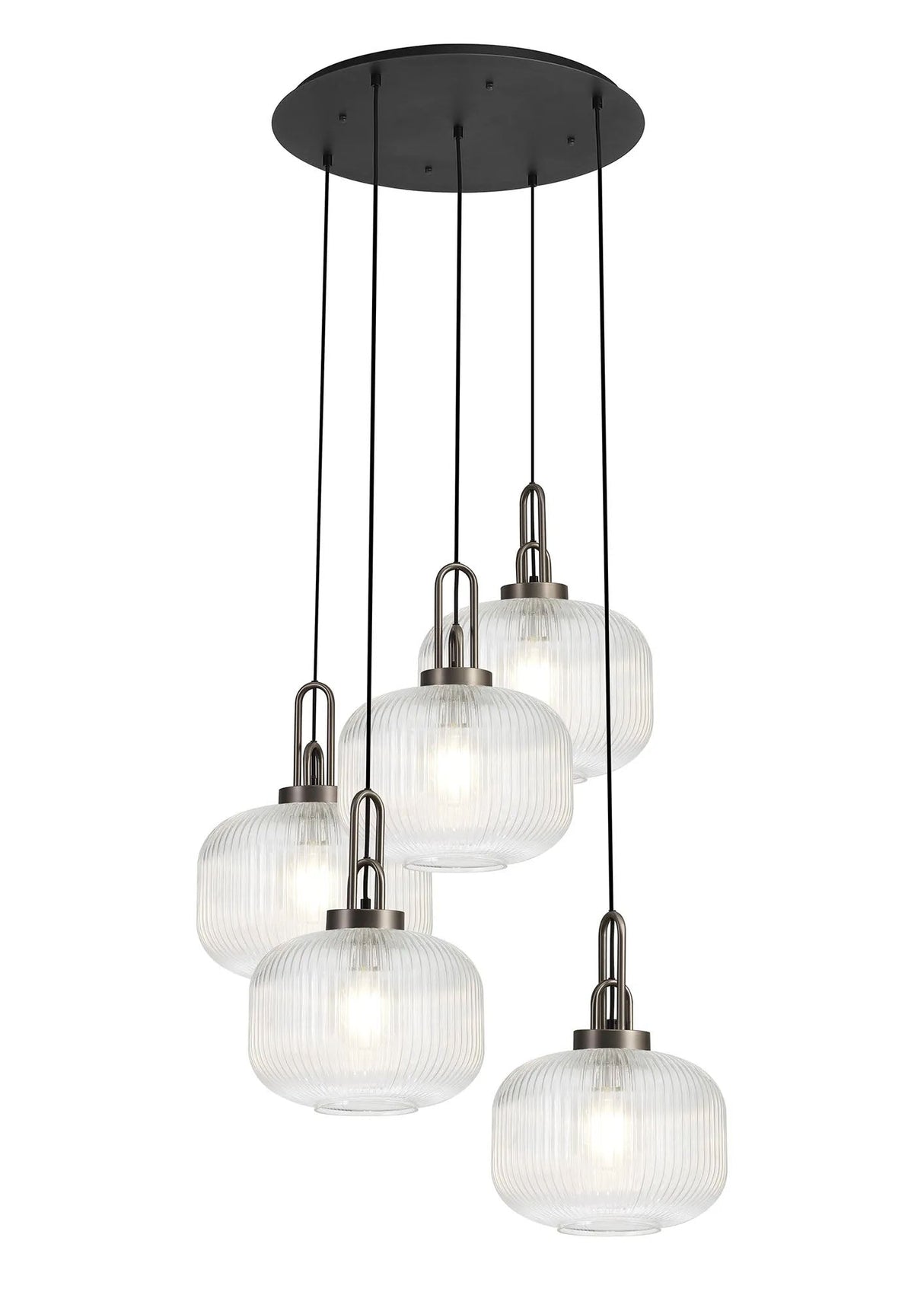 Allardyce 2.5m Round Pendant, 5 x E27, Antique Silver/Matt Black With 30cm Pumpkin Shaped Ribbed Clear Glass