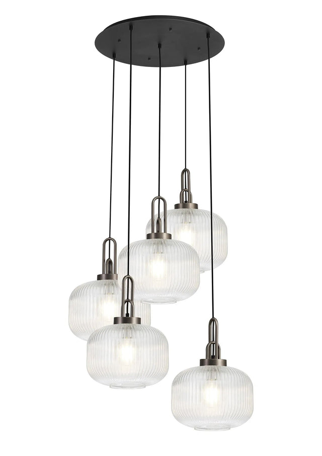 Allardyce 2.5m Round Pendant, 5 x E27, Antique Silver/Matt Black With 30cm Pumpkin Shaped Ribbed Clear Glass
