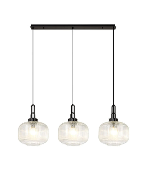 Allardyce Linear 3 Light Pendant E27, Black Chrome/Matt Black With 30cm Pumpkin Shaped Ribbed Clear Glass