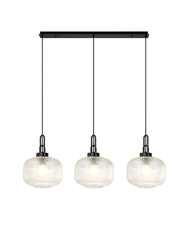 Allardyce Linear 3 Light Pendant E27, Black Chrome/Matt Black With 30cm Pumpkin Shaped Ribbed Clear Glass