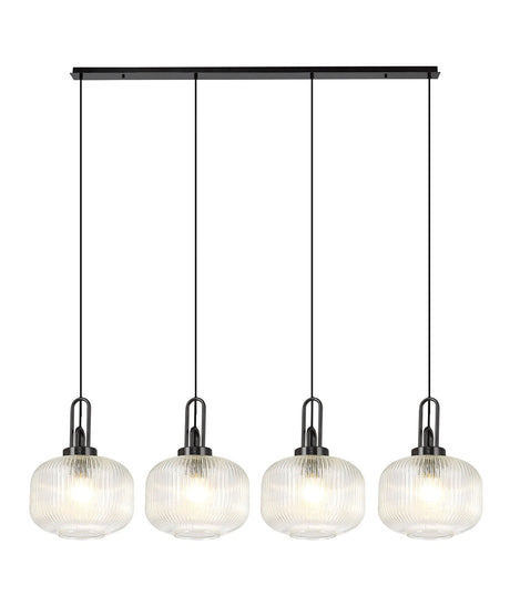 Allardyce Linear Pendant, 4 x E27, Black Chrome/Matt Black With 30cm Pumpkin Shaped Ribbed Clear Glass
