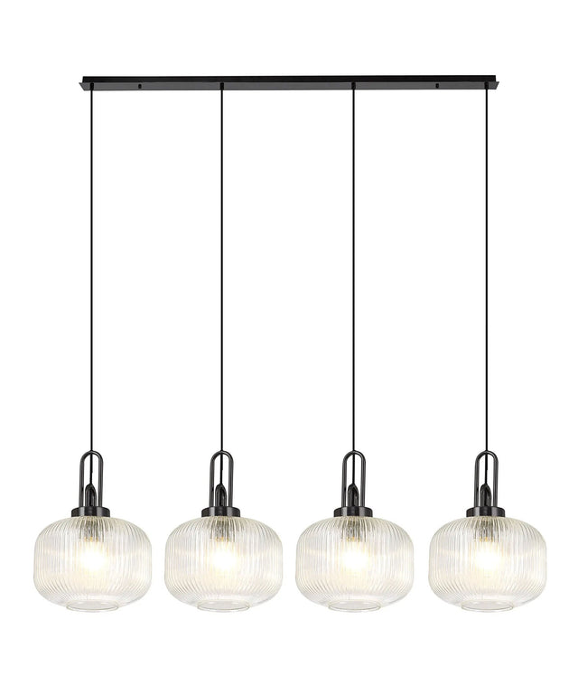 Allardyce Linear Pendant, 4 x E27, Black Chrome/Matt Black With 30cm Pumpkin Shaped Ribbed Clear Glass