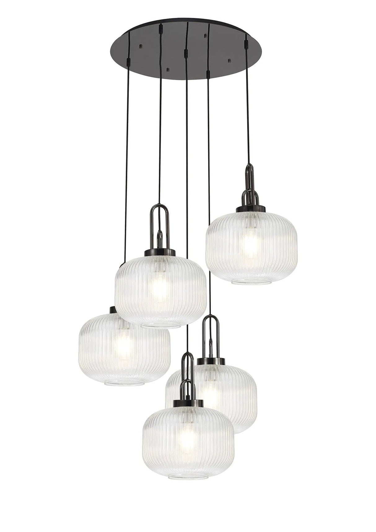 Allardyce 2.5m Round Pendant, 5 x E27, Black Chrome/Matt Black With 30cm Pumpkin Shaped Ribbed Clear Glass