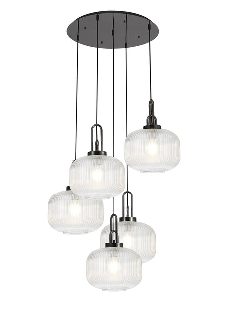 Allardyce 2.5m Round Pendant, 5 x E27, Black Chrome/Matt Black With 30cm Pumpkin Shaped Ribbed Clear Glass