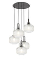 Allardyce 2.5m Round Pendant, 5 x E27, Black Chrome/Matt Black With 30cm Pumpkin Shaped Ribbed Clear Glass