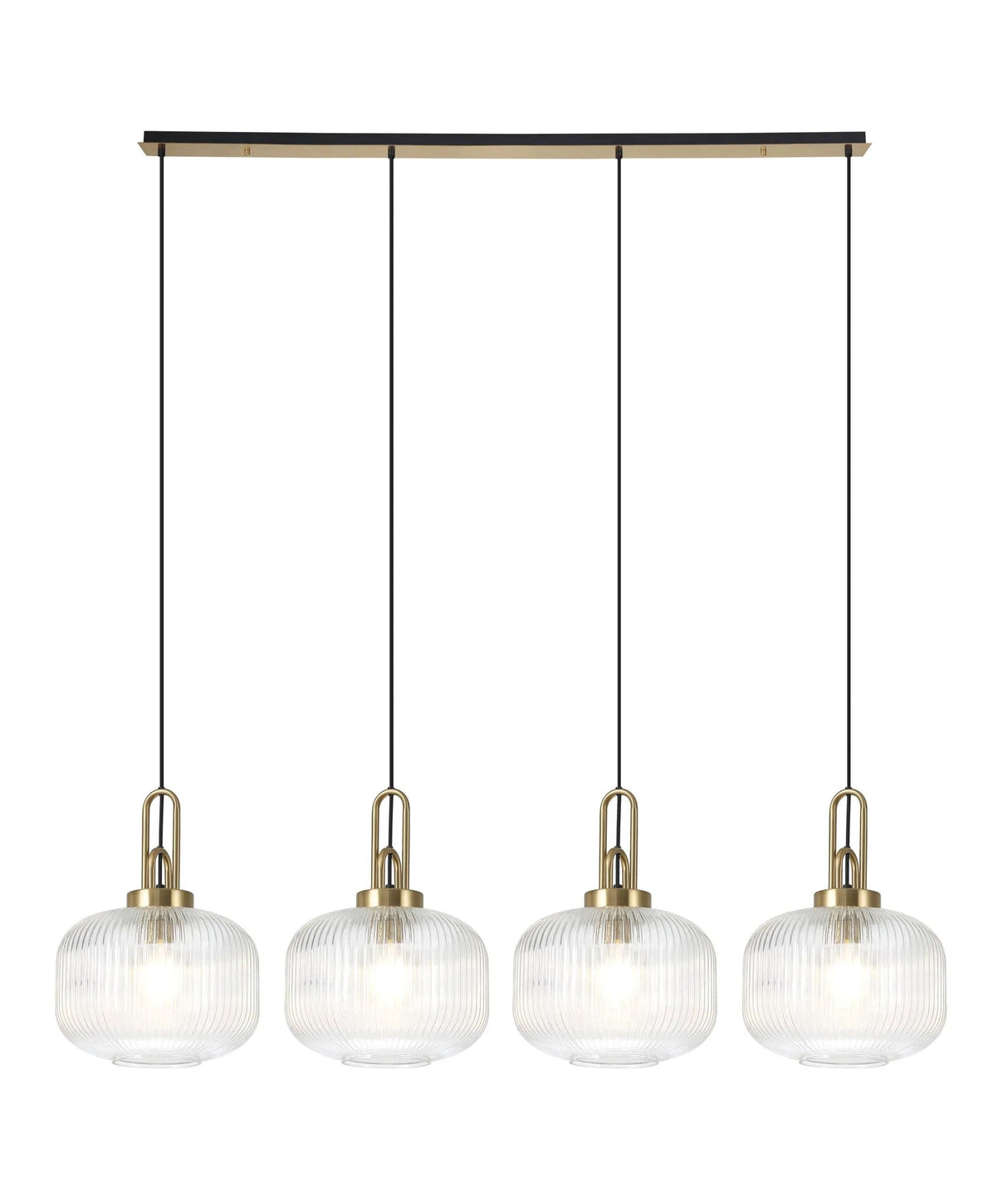 Allardyce Linear Pendant, 4 x E27, Brass Gold/Matt Black With 30cm Pumpkin Shaped Ribbed Clear Glass