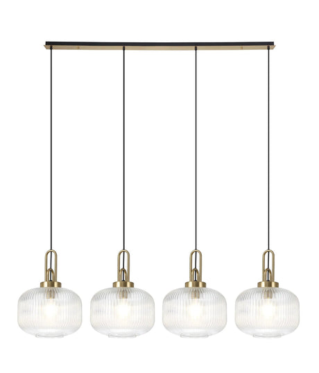 Allardyce Linear Pendant, 4 x E27, Brass Gold/Matt Black With 30cm Pumpkin Shaped Ribbed Clear Glass