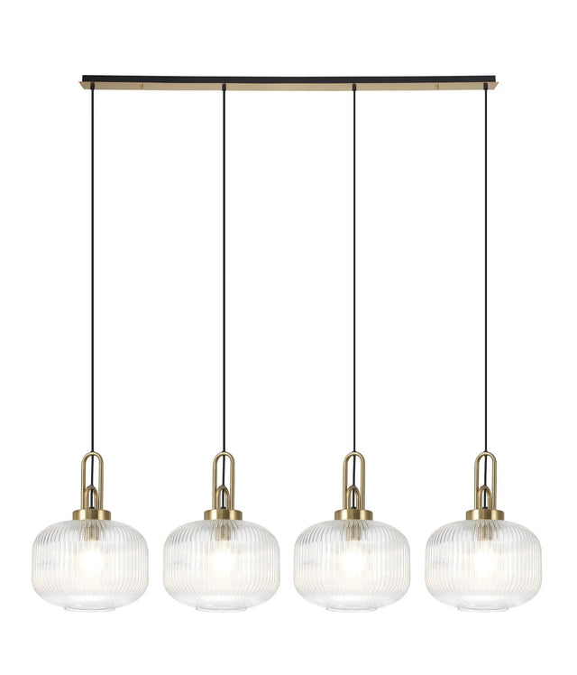 Allardyce Linear Pendant, 4 x E27, Brass Gold/Matt Black With 30cm Pumpkin Shaped Ribbed Clear Glass