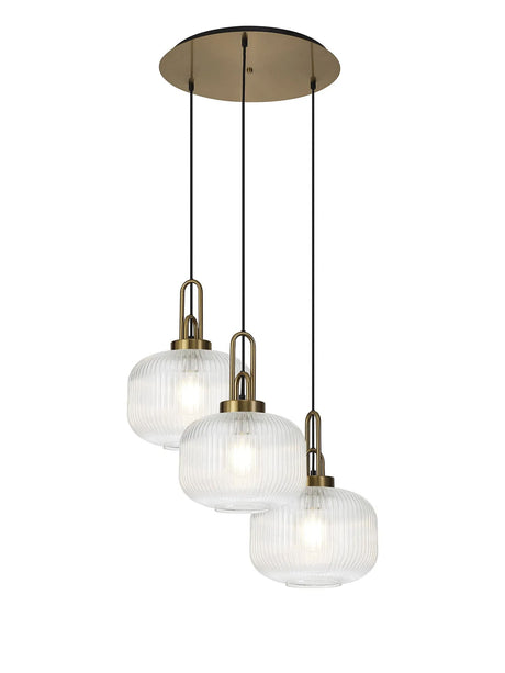 Allardyce 2m Round Pendant, 3 x E27, Brass Gold/Matt Black With 30cm Pumpkin Shaped Ribbed Clear Glass