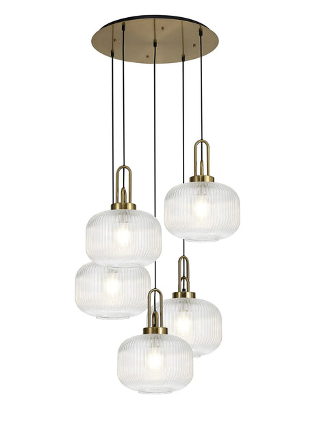 Allardyce 2.5m Round Pendant, 5 x E27, Brass Gold/Matt Black With 30cm Pumpkin Shaped Ribbed Clear Glass