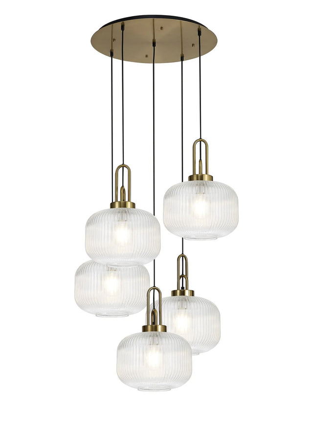 Allardyce 2.5m Round Pendant, 5 x E27, Brass Gold/Matt Black With 30cm Pumpkin Shaped Ribbed Clear Glass