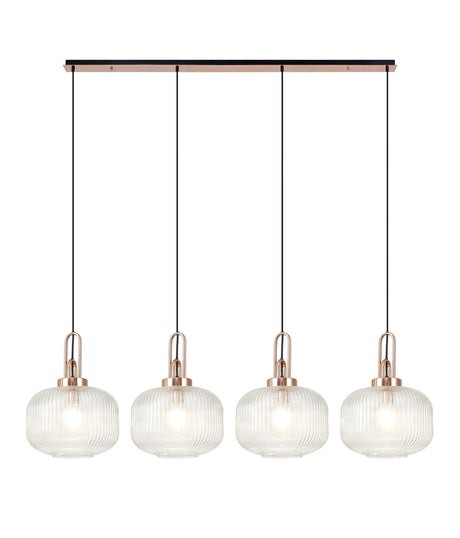 Allardyce Linear Pendant, 4 x E27, Copper/Matt Black With 30cm Pumpkin Shaped Ribbed Clear Glass