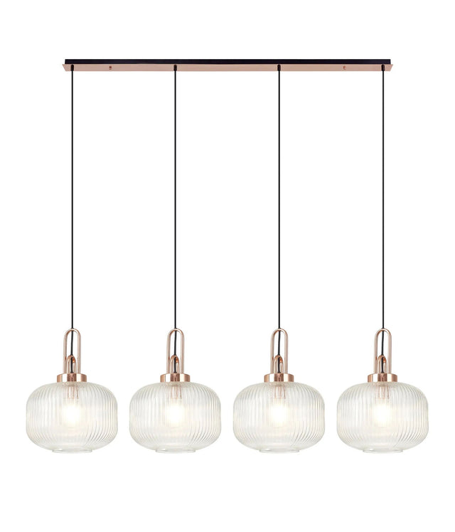 Allardyce Linear Pendant, 4 x E27, Copper/Matt Black With 30cm Pumpkin Shaped Ribbed Clear Glass