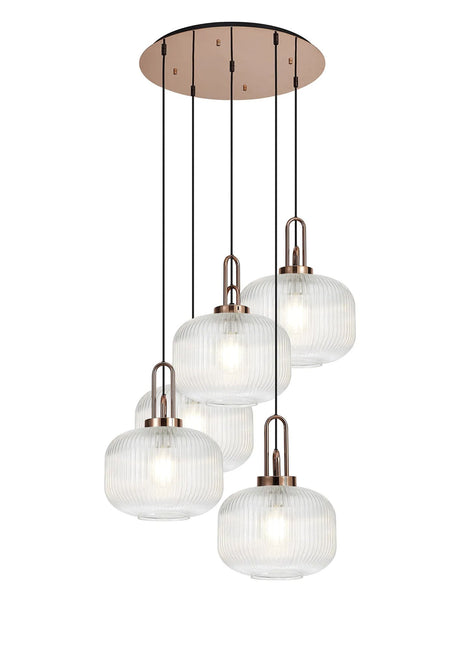 Allardyce 2.5m Round Pendant, 5 x E27, Copper/Matt Black With 30cm Pumpkin Shaped Ribbed Clear Glass