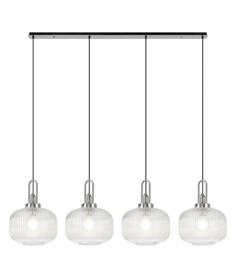 Allardyce Linear Pendant, 4 x E27, Polished Nickel/Matt Black With 30cm Pumpkin Shaped Ribbed Clear Glass