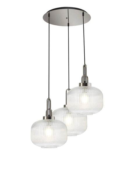 Allardyce 2m Round Pendant, 3 x E27, Polished Nickel/Matt Black With 30cm Pumpkin Shaped Ribbed Clear Glass