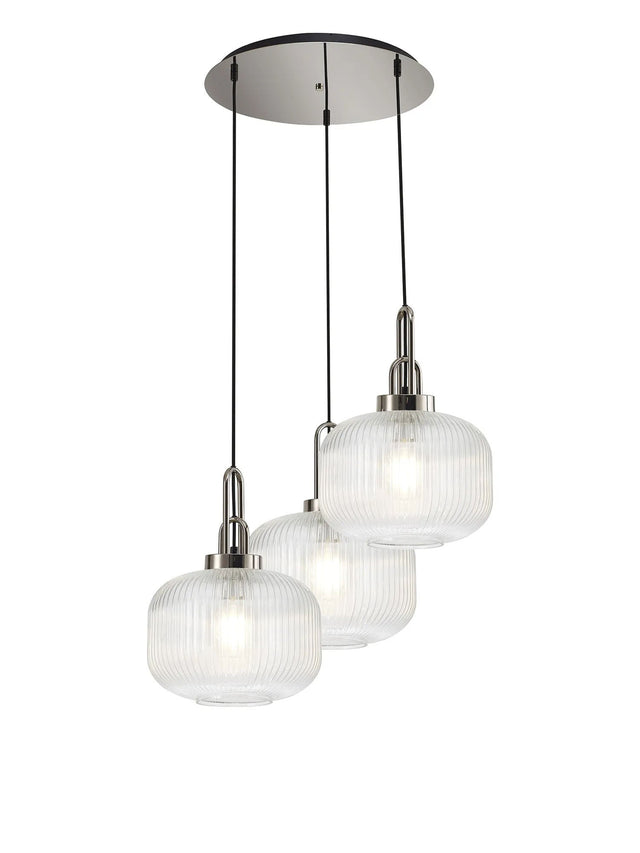 Allardyce 2m Round Pendant, 3 x E27, Polished Nickel/Matt Black With 30cm Pumpkin Shaped Ribbed Clear Glass