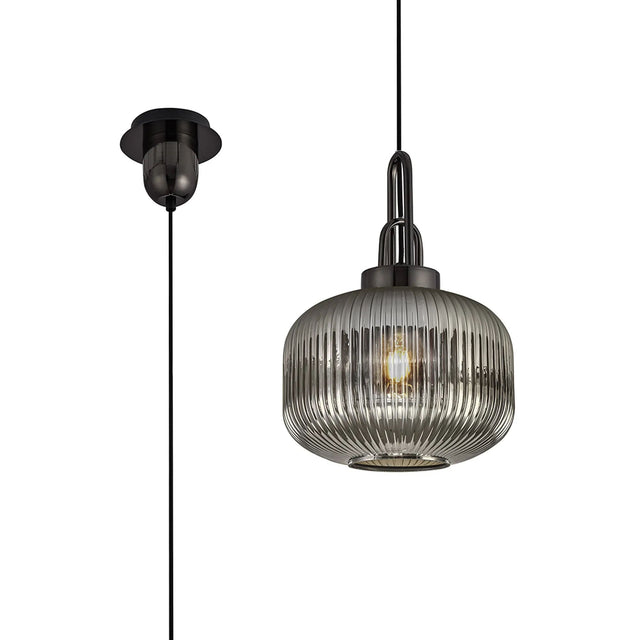 Allardyce Pendant, 1 x E27, Black Chrome/Matt Black With 30cm Round Ribbed Smoked Glass