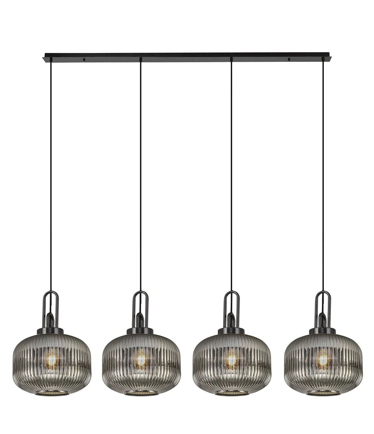 Allardyce Linear Pendant, 4 x E27, Black Chrome/Matt Black With 30cm Pumpkin Shaped Ribbed Smoked Glass