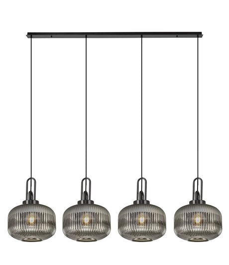 Allardyce Linear Pendant, 4 x E27, Black Chrome/Matt Black With 30cm Pumpkin Shaped Ribbed Smoked Glass