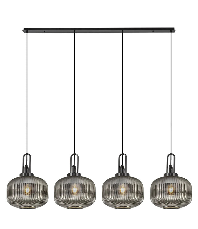 Allardyce Linear Pendant, 4 x E27, Black Chrome/Matt Black With 30cm Pumpkin Shaped Ribbed Smoked Glass