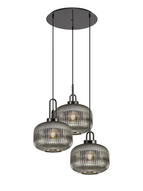 Allardyce 2m Round Pendant, 3 x E27, Black Chrome/Matt Black With 30cm Pumpkin Shaped Ribbed Smoked Glass