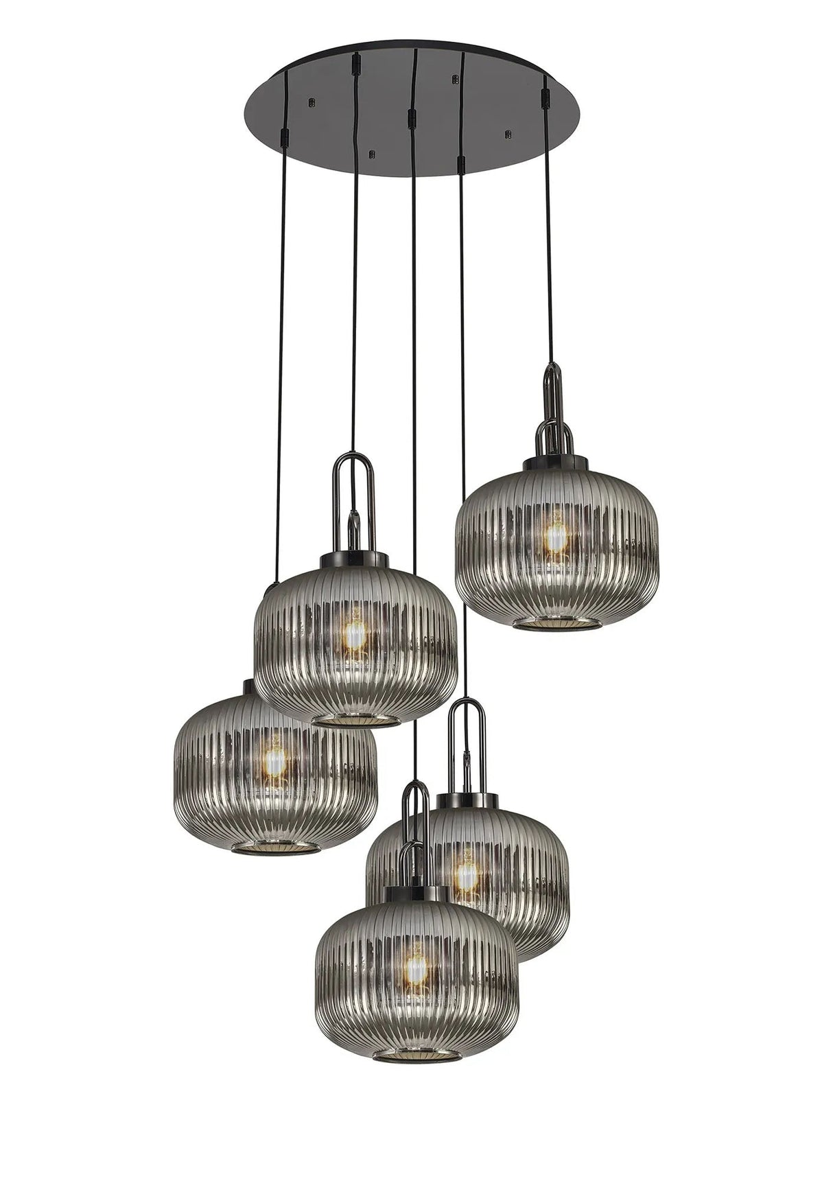 Allardyce 2.5m Round Pendant, 5 x E27, Black Chrome/Matt Black With 30cm Pumpkin Shaped Ribbed Smoked Glass