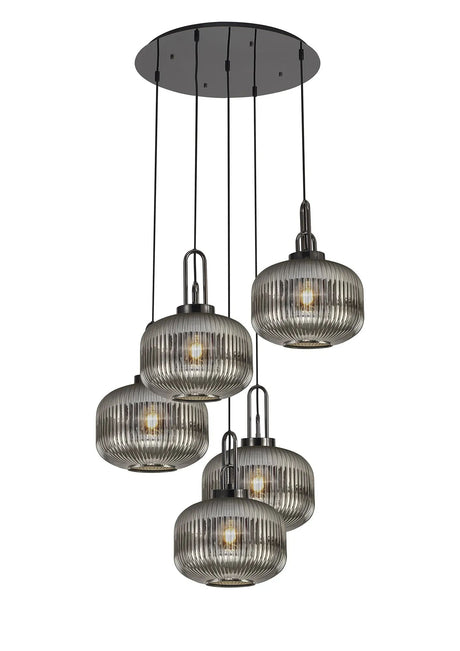 Allardyce 2.5m Round Pendant, 5 x E27, Black Chrome/Matt Black With 30cm Pumpkin Shaped Ribbed Smoked Glass