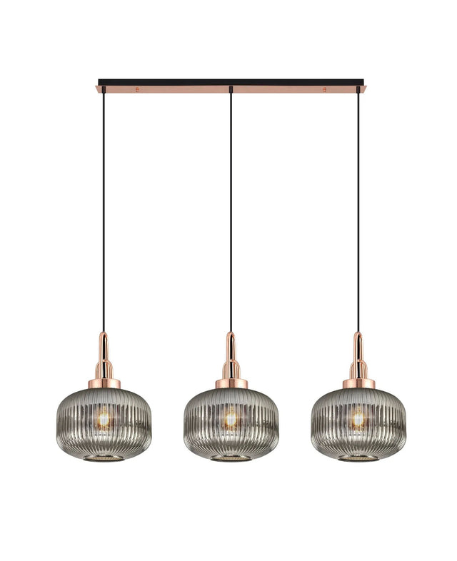 Allardyce Linear 3 Light Pendant E27, Copper/Matt Black With 30cm Pumpkin Shaped Ribbed Smoked Glass