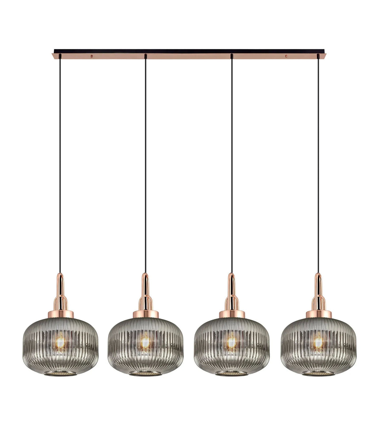 Allardyce Linear Pendant, 4 x E27, Copper/Matt Black With 30cm Pumpkin Shaped Ribbed Smoked Glass