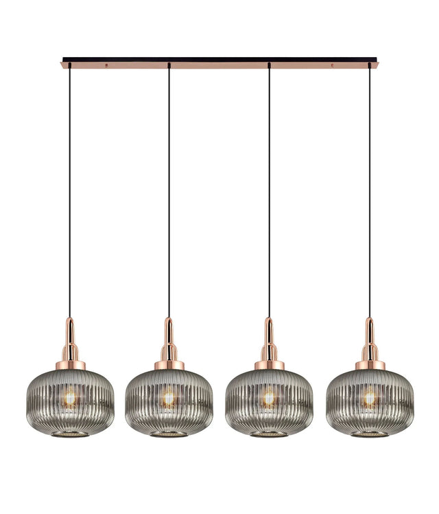 Allardyce Linear Pendant, 4 x E27, Copper/Matt Black With 30cm Pumpkin Shaped Ribbed Smoked Glass