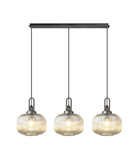 Allardyce Linear 3 Light Pendant E27, Aged Pewter/Matt Black With 30cm Pumpkin Shaped Ribbed Champagne Glass