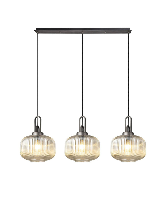 Allardyce Linear 3 Light Pendant E27, Aged Pewter/Matt Black With 30cm Pumpkin Shaped Ribbed Champagne Glass