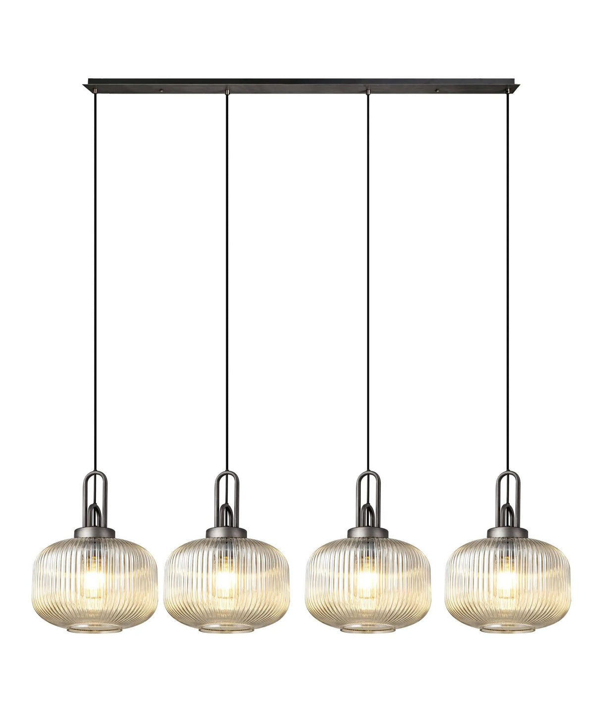 Allardyce Linear Pendant, 4 x E27, Aged Pewter/Matt Black With 30cm Pumpkin Shaped Ribbed Champagne Glass