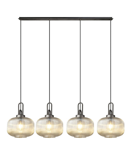 Allardyce Linear Pendant, 4 x E27, Aged Pewter/Matt Black With 30cm Pumpkin Shaped Ribbed Champagne Glass