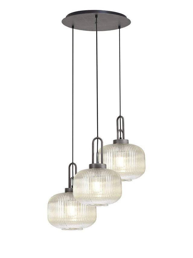 Allardyce 2m Round Pendant, 3 x E27, Pewter/Matt Black With 30cm Pumpkin Shaped Ribbed Champagne Glass