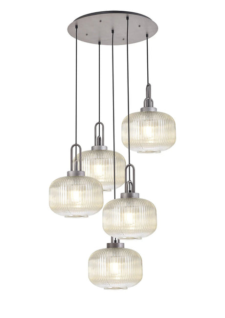 Allardyce 2.5m Round Pendant, 5 x E27, Pewter/Matt Black With 30cm Pumpkin Shaped Ribbed Champagne Glass