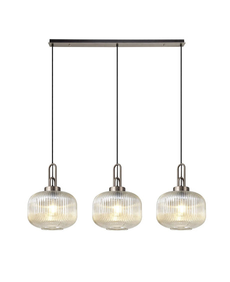 Allardyce Linear 3 Light Pendant E27, Antique Silver/Matt Black With 30cm Pumpkin Shaped Ribbed Champagne Glass