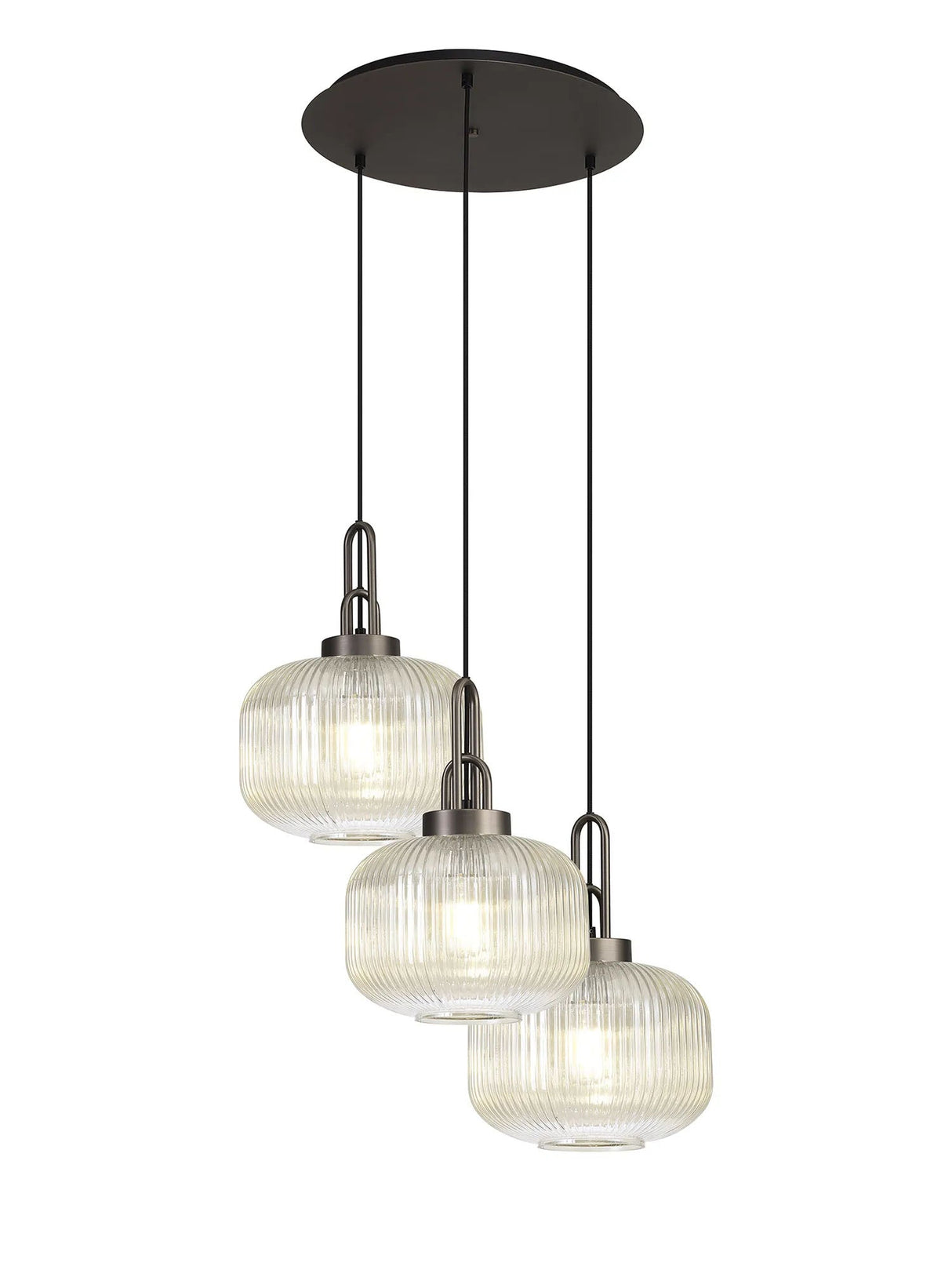 Allardyce 2m Round Pendant, 3 x E27, Antique Silver/Matt Black With 30cm Pumpkin Shaped Ribbed Champagne Glass