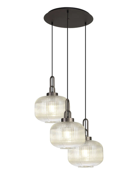 Allardyce 2m Round Pendant, 3 x E27, Antique Silver/Matt Black With 30cm Pumpkin Shaped Ribbed Champagne Glass