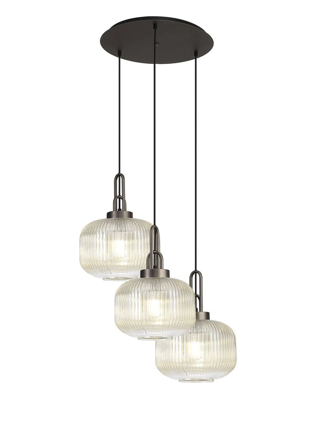 Allardyce 2m Round Pendant, 3 x E27, Antique Silver/Matt Black With 30cm Pumpkin Shaped Ribbed Champagne Glass