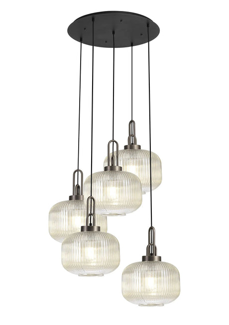 Allardyce 2.5m Round Pendant, 5 x E27, Antique Silver/Matt Black With 30cm Pumpkin Shaped Ribbed Champagne Glass