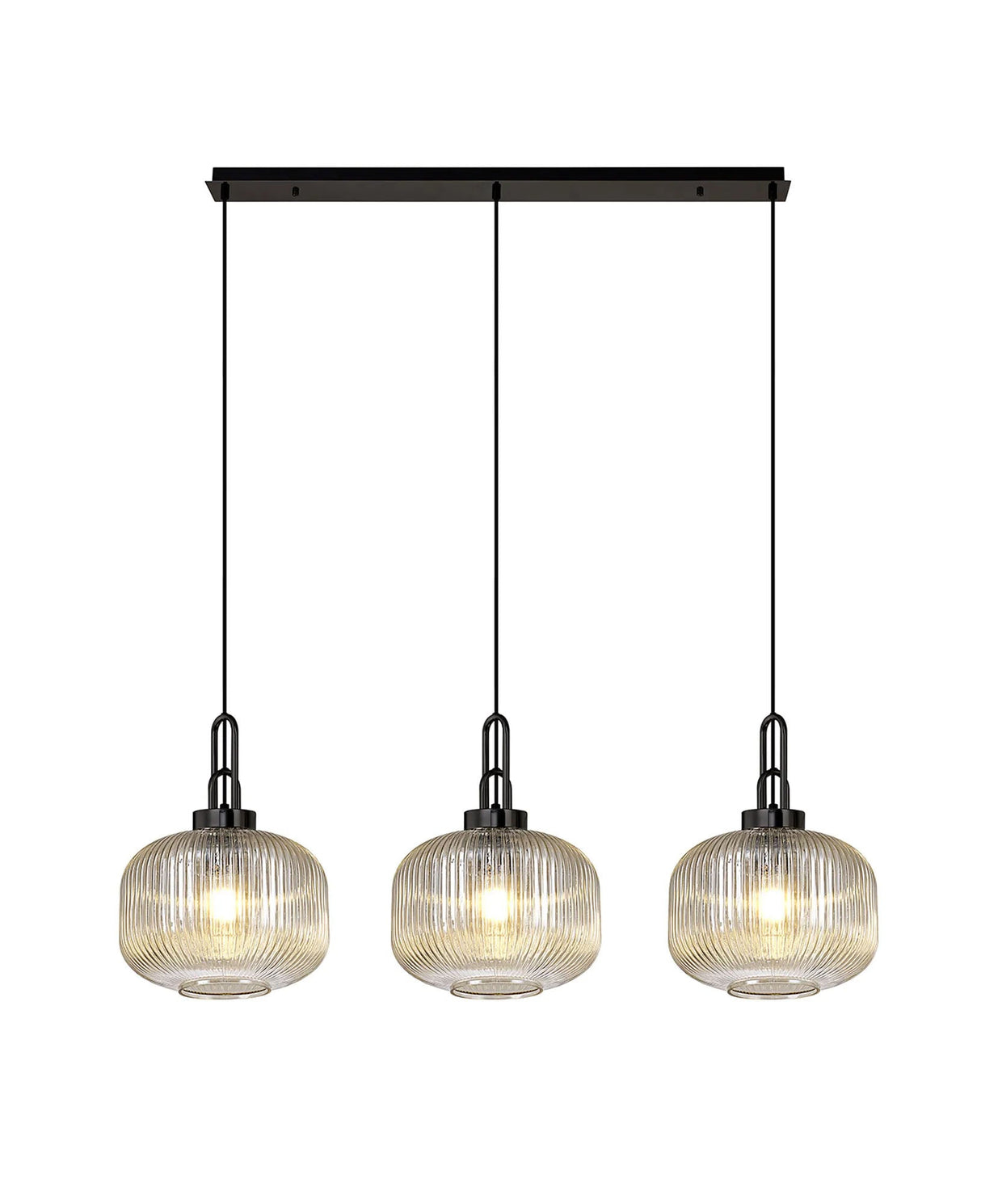 Allardyce Linear 3 Light Pendant E27, Black Chrome/Matt Black With 30cm Pumpkin Shaped Ribbed Champagne Glass
